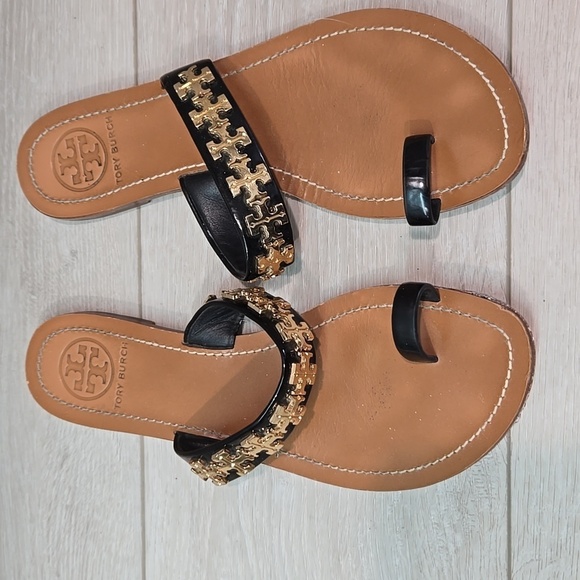 Tory Burch Womens Val Leather Loop Toe Logo Flats Sandals shoes sz 7.5M - Picture 3 of 11